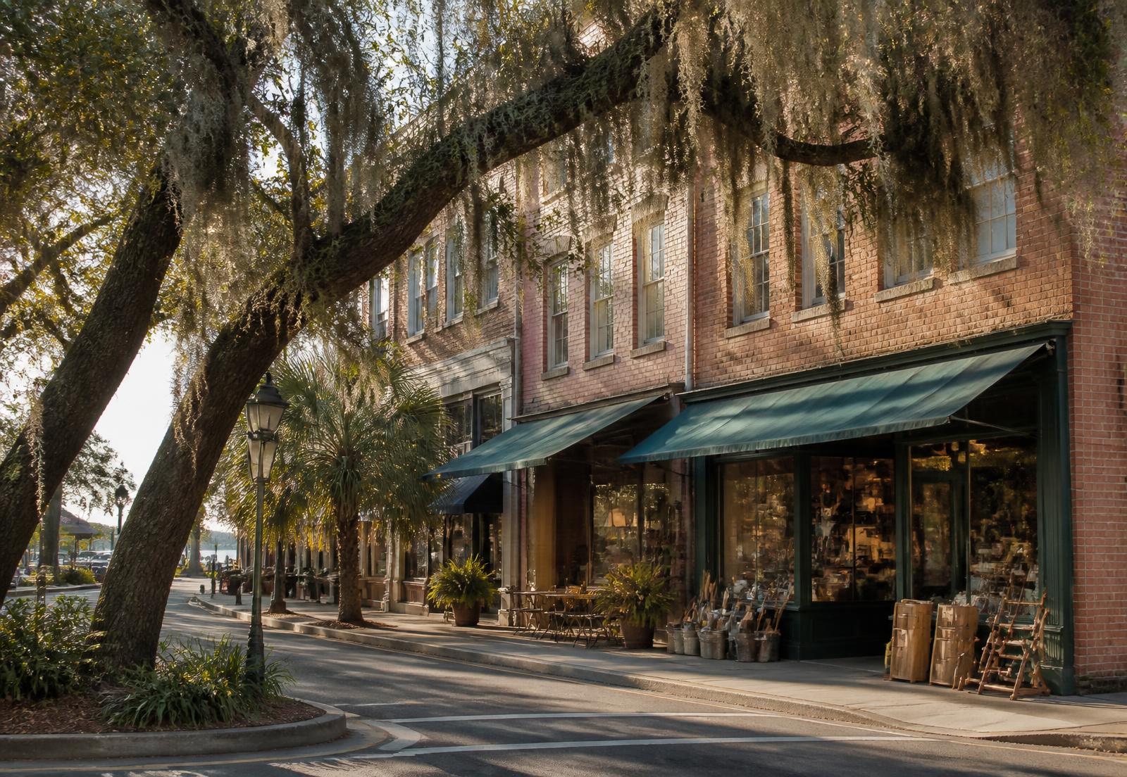 A live oak draped in Spanish moss over brick storefronts on a coastal Georgia main street